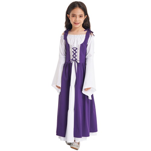 Kids Girls Medieval Costume Renaissance Princess Robe Ruffle Long Maxi Dresses - Picture 51 of 115