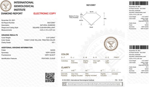 Cushion Cut Diamond Enhanced Fancy Yellow 0.47 Carat VS1 IGI Certificate Sealed - Picture 3 of 6