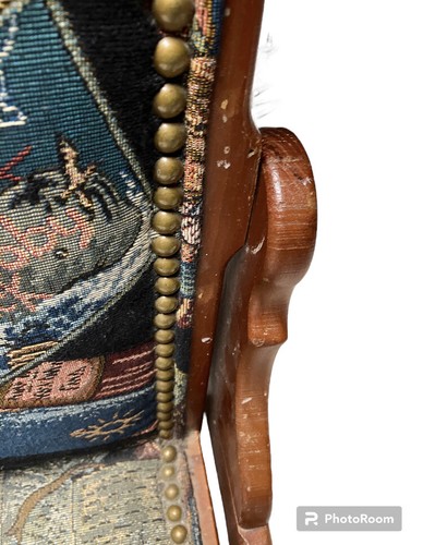 VINTAGE LEVENGER TOOLS TAPESTRY & WOOD PENDULUM MAGAZINE RACK SEE PICS 21x17 - Picture 6 of 11