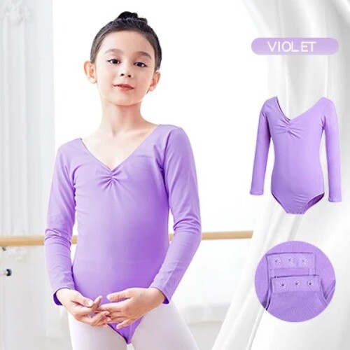 Girls Ballet Dance Costume Kid Long/Short Sleeve Cotton Kids Turnpakje Leotard - Picture 19 of 47