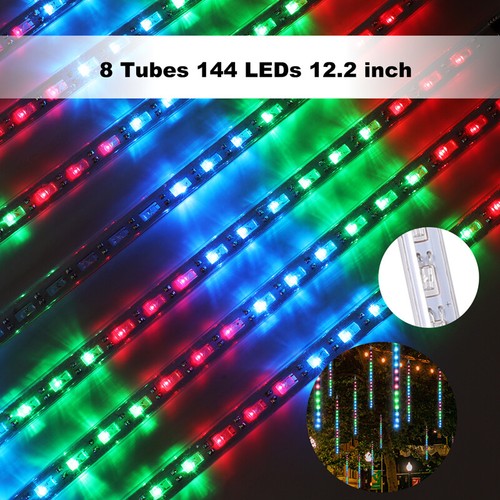 Luces solar de Meteoros Lluvia 144 LEDs 8 Tubos De Arbol Navidad Decoracion - Picture 9 of 15