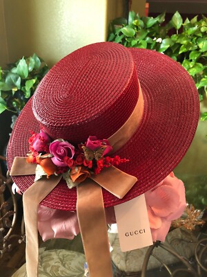 GUCCI ゴールドストローブーニーハット 100% Authentic Gucci Red Floral Gold Bug & Butterflies Straw