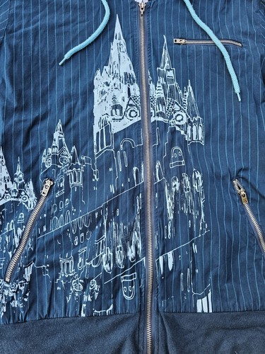 Paul Frank Cityscape Full Zip Blue Pinstripe Hooded Jacket Vtg 90s Y2K Size M? - Picture 3 of 12