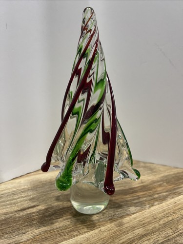 Blown Art Glass Christmas Tree ~ Clear Red & Green Swirl Twisted ~ 8” NIB