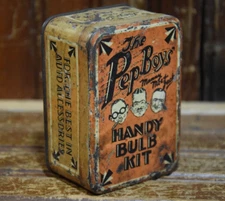 PEP BOYS HANDY BULB KIT EMPTY TIN SIGN VINTAGE 1940s MANNY MOE JACK ART DECO GAS