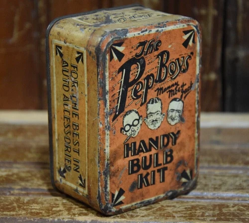 PEP BOYS HANDY BULB KIT EMPTY TIN SIGN VINTAGE 1940s MANNY MOE JACK ART DECO GAS