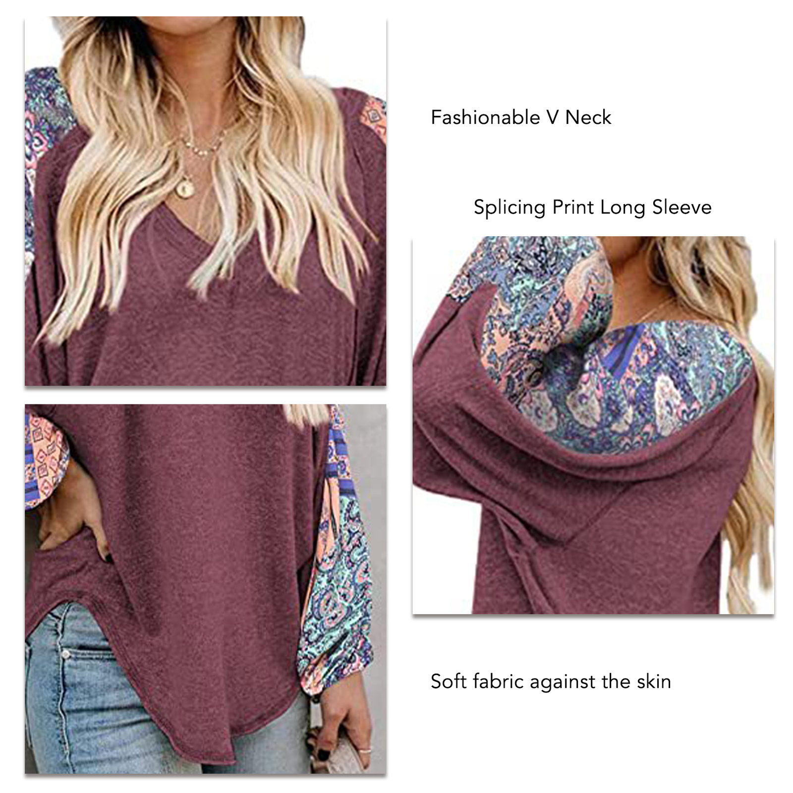 (L)Womens Sleeve Blouse Machine Washable Loose Fit Split Sleeves V-Neck For - Picture 4 of 6