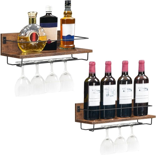HOOBRO Wall Mounted Wine Rack 2 Pack Wine Glass Bottle Rack Stemware Holder - Picture 2 of 9