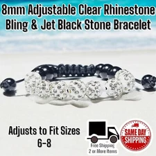 8mm Shamballa Clear Rhinestone CZ / Jet Black Stone Bracelet Wrist Sz 6-8