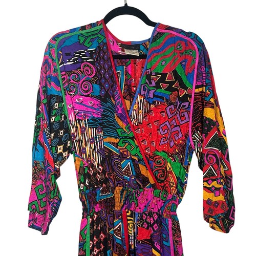 Vintage 80s Diane Freis 100% Silk Multicolored Colorful Dress Psychedelic - Picture 7 of 17