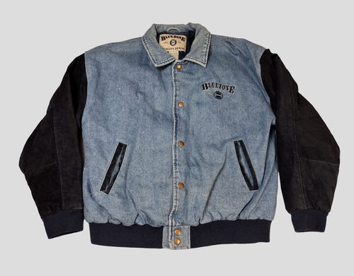 Mens Large Denim Coat - Leather Sleeves Blue Zone, Embroidered, Insulated Jacket - Picture 3 of 18