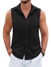 Men's Sleeveless Beach Shirts Summer Button Up Tank Tops Casual Textured Shirt