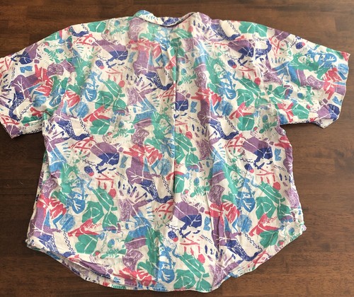 Vintage 80s Women's M L Cherokee Short Sleeve Button Shirt Pink Blue White Green - Picture 8 of 12