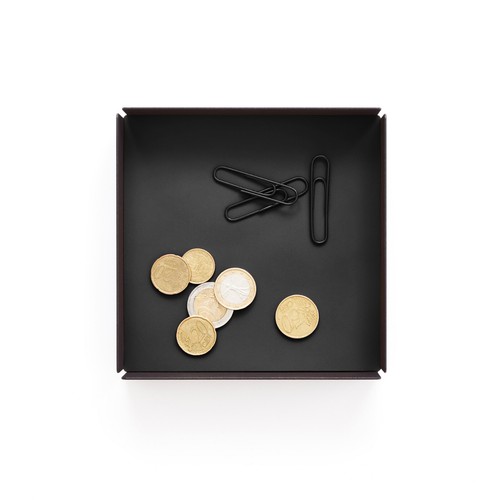 Svuotatasche in Acciaio Nero Opaco e Cuoio Nero - Design Moderno - Foto 2 di 5