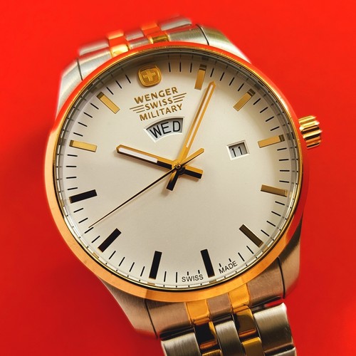 Wenger Military Watch Day Date Two Tone With Bracelet 01.9041.214 Swiss Mens - Picture 3 of 6