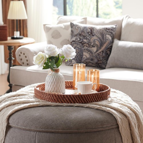 16.9 inch Rattan Tray Round Wicker with Cut-Out Handles Woven Serving - Picture 4 of 7
