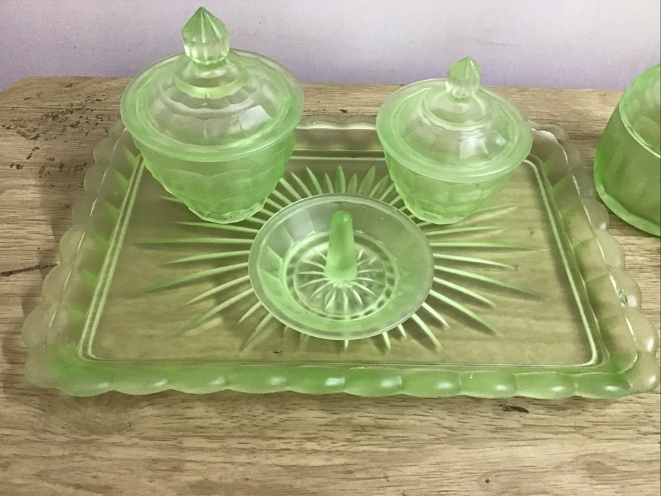Green Uranium Glass Dressing Table Set c1930s Plus 3 Extra Dishes - Image 2 of 4