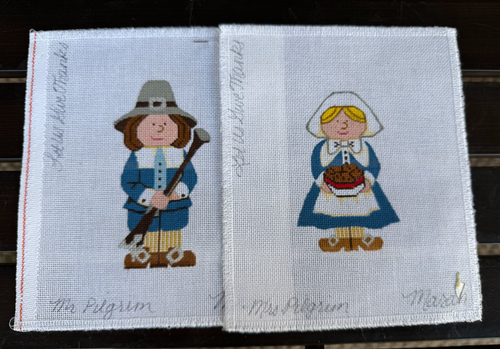 Mr & Mrs Pilgrim Handpainted Needlepoint Canvas + Thread Maran 5.5" Tall Image - Picture 6 of 12