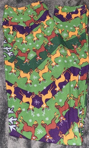 Lularoe Christmas Reindeer Green Leggings Size OS - Picture 1 of 2