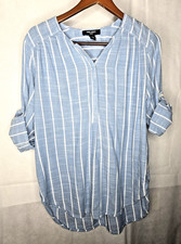 Nine West Lucy Popover Top Blue White Stripes 3/4 Roll Tab Sleeve Tunic M