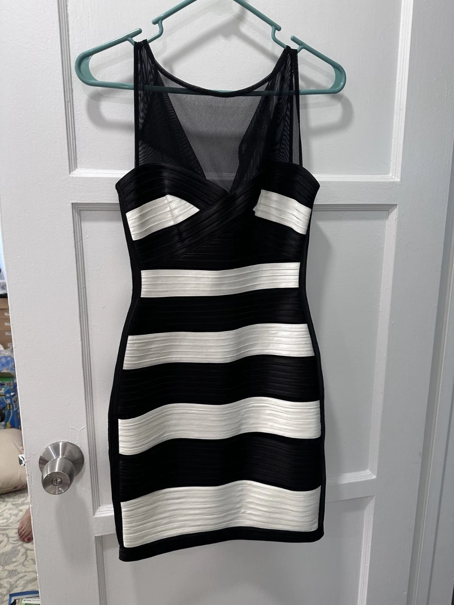 blue dress for baby girl BCBG Maxazria Black White Striped Chiffon Loose Fit Dress