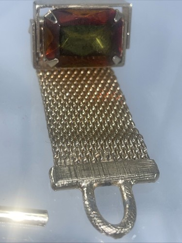Vintage Netz Wickel Manschettenknöpfe & Krawatte Tac goldfarben mit facettiertem Bernstein & grünen Strasssteinen - Bild 6 von 13
