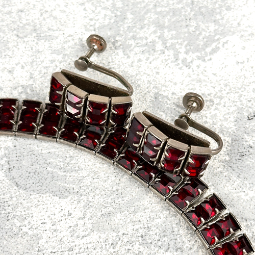 Necklace and Screw Back Earrings Rectangular Czech Red Garnet Rhinestones - Picture 3 of 10