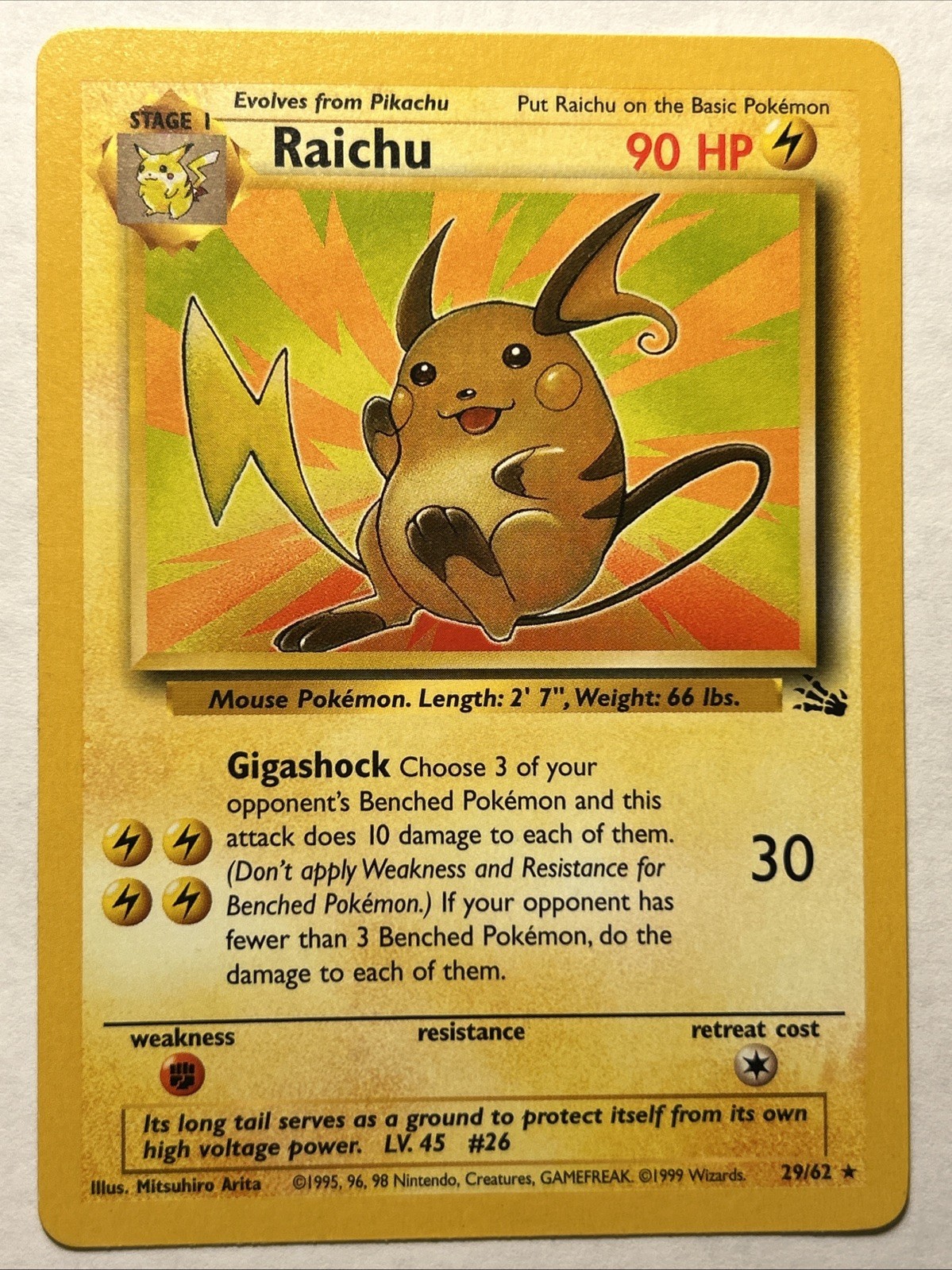 1999 Pokémon TCG Raichu Fossil 29/62 Non Holo Rare Card Vintage WOTC NEAR MINT