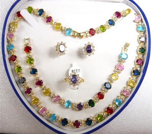 Multi-Color Cubic Zirconia Crystal 18KGP Ring Earrings Bracelet Necklace Set - Picture 3 of 7