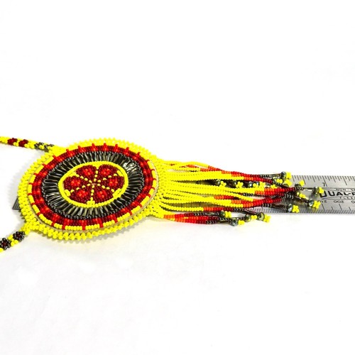 Huichol Beaded Pouch Necklace Red Flower Medallion Ethnic Tribal Mexico Folk Art - Picture 12 of 19