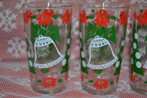 Vintage set 4 Hazel Atlas Christmas & New Years drinking glasses ~ glass - Picture 4 of 9