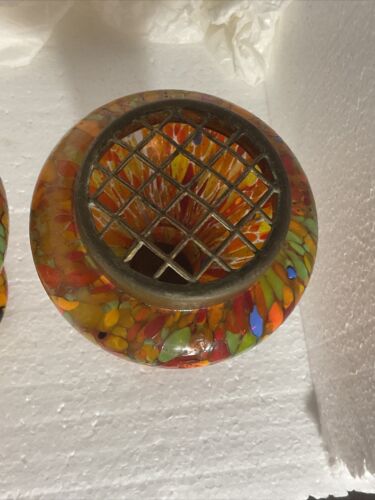 PAIR ART DECO BOHEMIAN CZECH SPATTER GLASS POSY FLOWER FROG VASE LOETZ KRALIK. - Picture 5 of 24