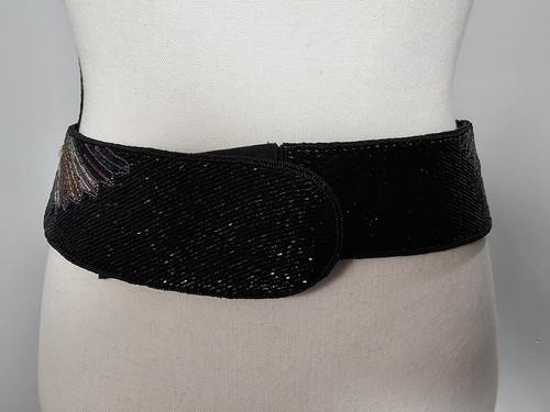 Vintage Retro Black Beaded Sequin Cummerbund Style Belt Waist 27"-30" Gold Red - Picture 3 of 8