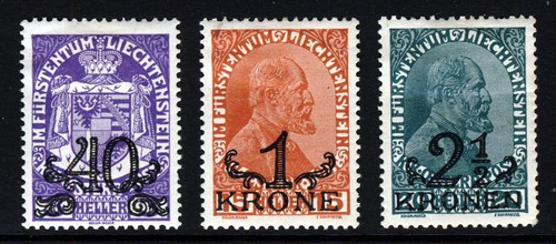 LIECHTENSTEIN 1920 The Complete Surcharged Austrian Set SG 17 to SG 19 MINT - Picture 1 of 2