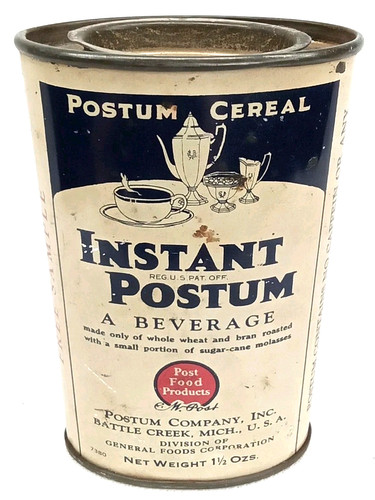 Antique 1940s WWII Era Advertising Tin And Lid Instant Postum Battle Creek MI