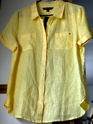 Tommy Hilfiger Linen Shirt Collared Logo Short Sleeve Yellow Women's Size L/G