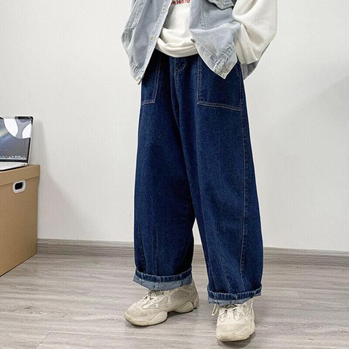 Hombres Pantalones de mezclilla Niños Jeans Pierna recta Sueltos Informales Pantalones Hip Hop Retro Azul - Imagen 9 de 10