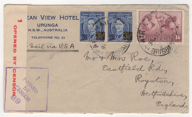 1942 Jun 13th. Censor Air Mail. Brisbane to Royston England. 1942 Jun 13th. Censor Air Mail. Brisbane to Royston England.