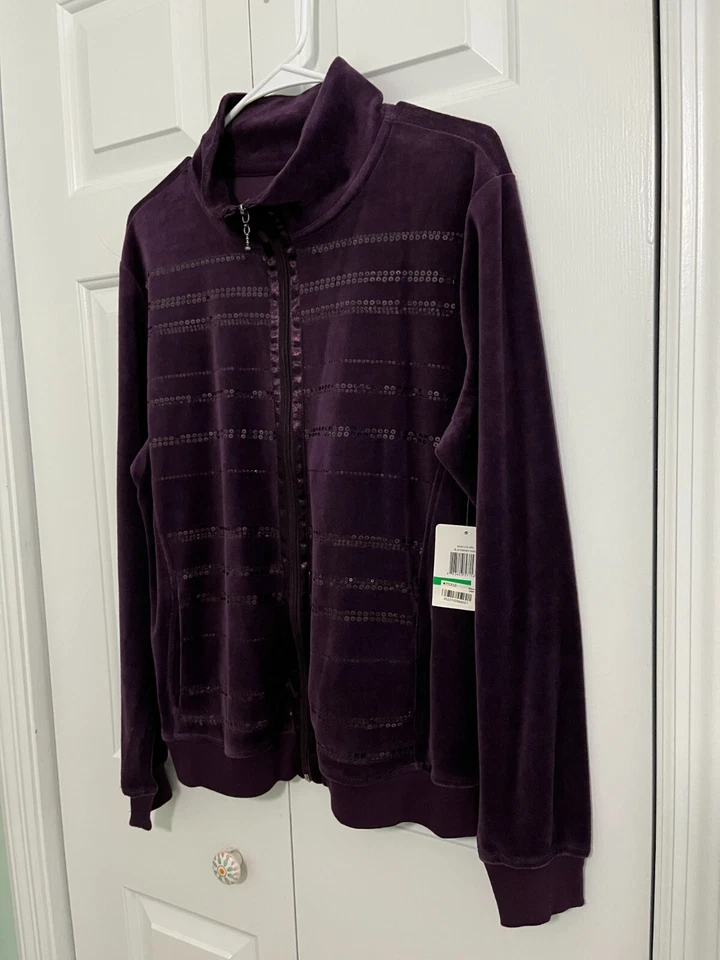 NWT VTG Cappagallo Purple Sequins Jacket Womens Size Large Coat Soft Zip Up - Image 3 of 4