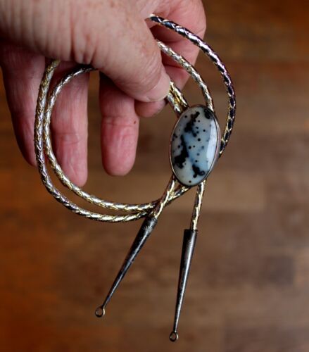 Small Old 1988 Michael Perry Navajo Handmade Sterling Silver Moss Agate Bolo Tie