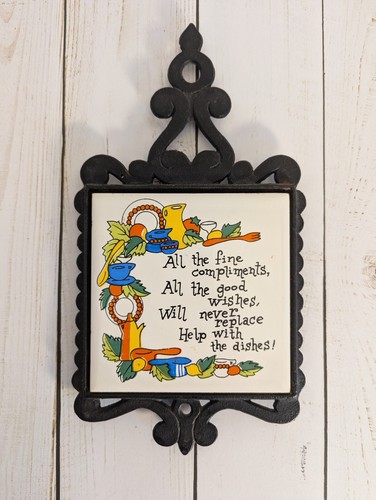 Vintage Cast Iron And Ceramic Tile Trivet Help With The Dishes  - Picture 1 of 5