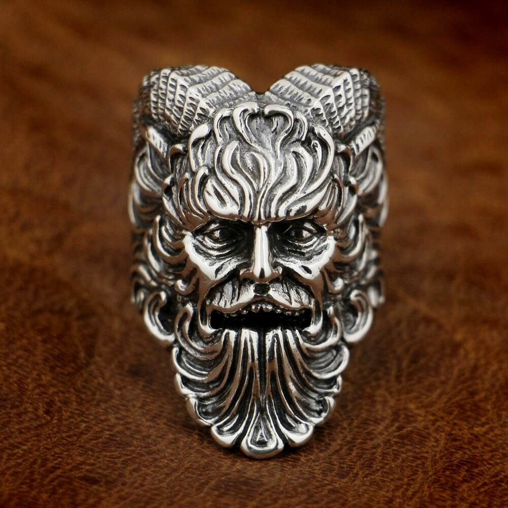 Anillo de Plata Esterlina 925 Gran Dios Pan Cabras Anillo demonio Para Hombre Motociclista Punk TA88A