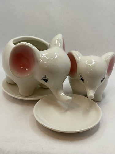 Elephant Cute White Ceramic Succulent Planter Pots With Saucers ~Set Of Two~ - Picture 7 of 10