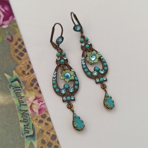 Michal Negrin Earrings Light Blue Turquois Large Teardrop With Swarovski Crystal - Picture 13 of 14