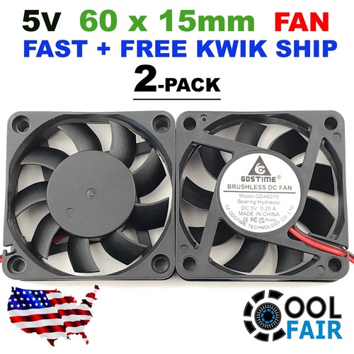 GDSTIME 60mm x 60mm x 15mm 5V 6015 2PIN DC Cooling Fan Brushless 2 Pcs - Picture 1 of 5