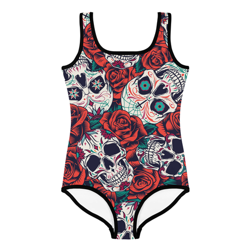 Kids Sugar Skull Swimsuit #1 - Baby Girl Teens Bathing Suit Dia De Los Muertos - Picture 13 of 30