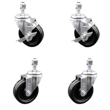 4 Inch SS Phenolic Wheel Swivel 12mm Threaded Stem Caster Set 2 Brakes SCC