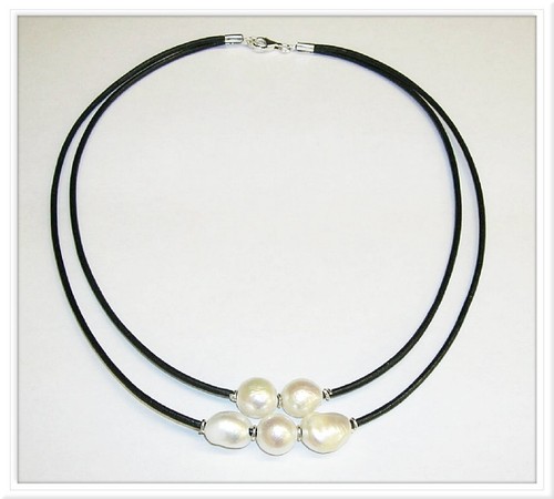 COLLAR de PERLAS Cultivadas Barrocas 10-11mm Cuero Negro, PLATA de ley 925 ref48 - Imagen 2 de 3