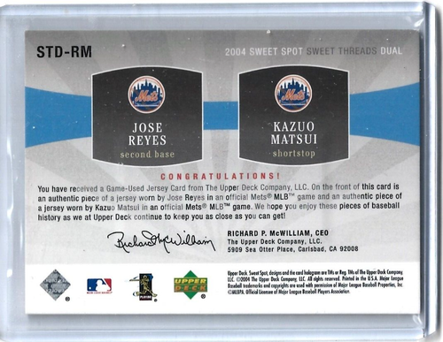 2004 Sweet Spot Sweet Threads Dual #STDRM Jose Reyes/Kazuo Matsui (89/150) - Picture 2 of 2