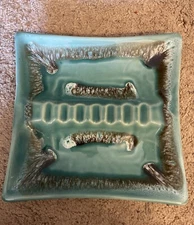 VTG USA Pottery Large Ashtray Ceramic Turqouise  8” x 8” Square
